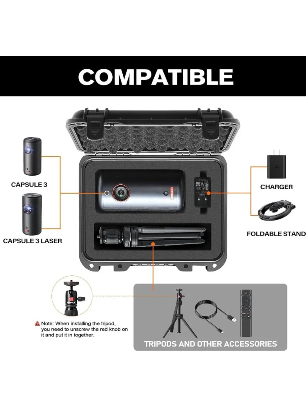 Waterproof Hard Case for Portable Projector - Travel Carrying Box & Tripod Stand